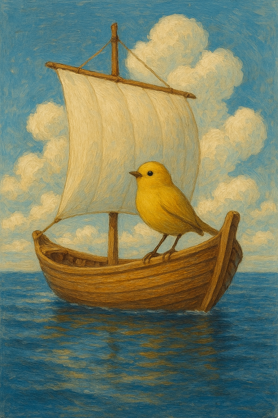 This illustration shows a small yellow bird perched on the bow of a wooden sailboat sailing on calm waters. The soft colors of the sky and sea create a gentle atmosphere that evokes the beginning of a journey and a sense of freedom.