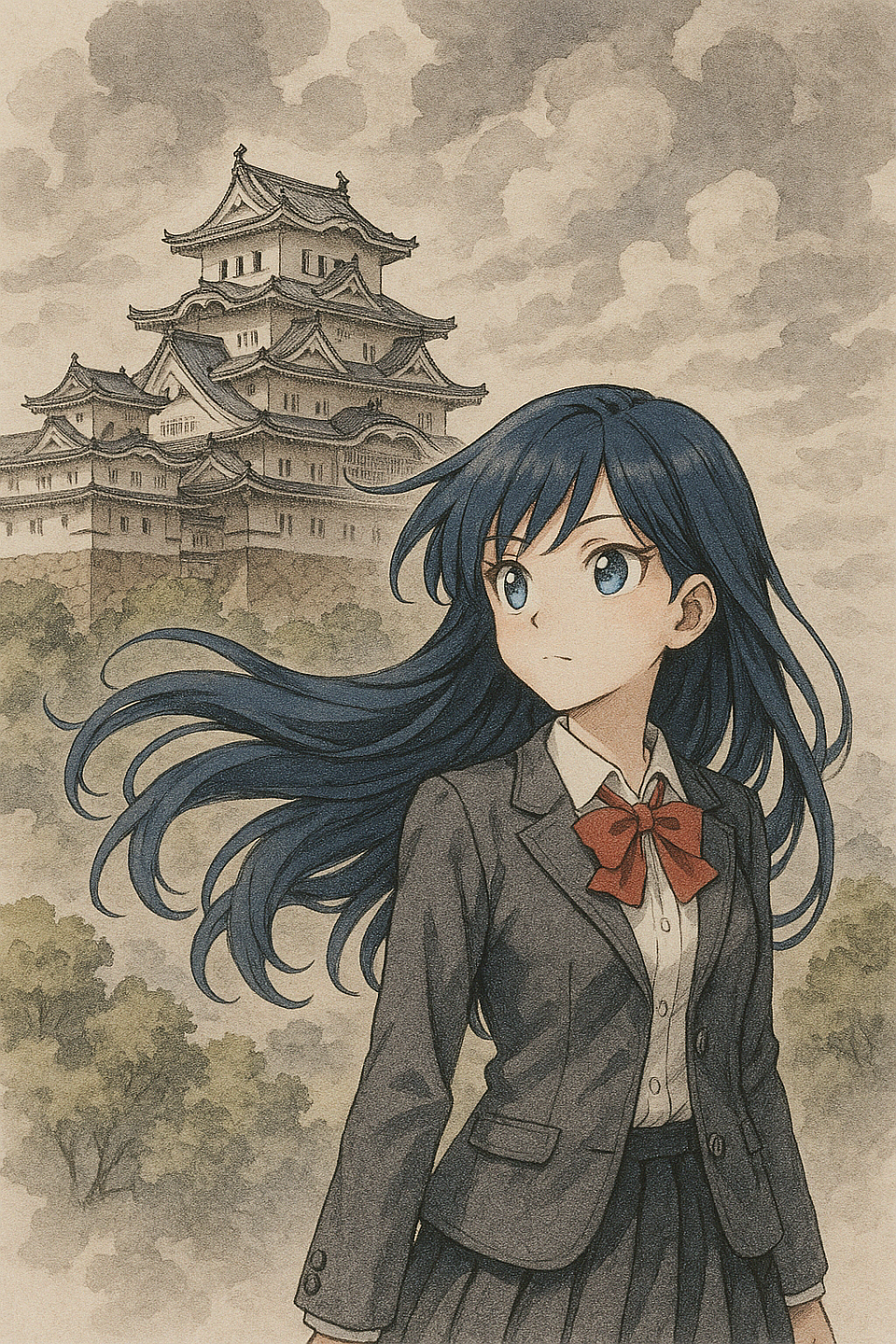 “Beneath the ancient walls of Himeji Castle, she stood—hair dancing in the wind, eyes fixed on the horizon. A quiet strength, a legacy reborn. #Himeji #AnimeArt #TraditionMeetsFuture”