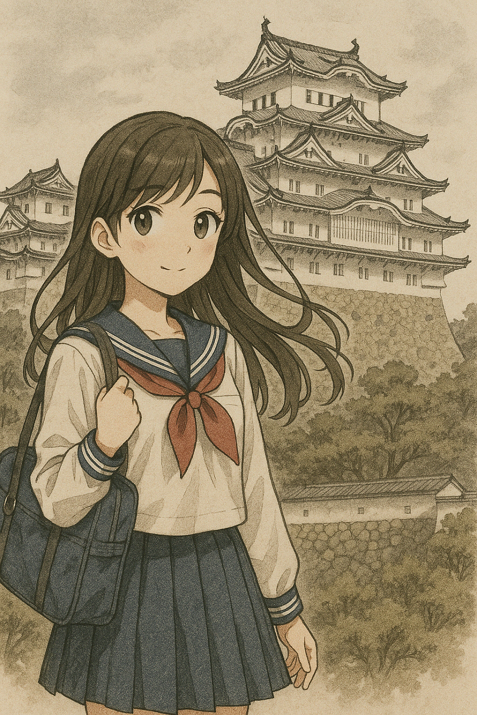 “Wandering through history—her footsteps echo softly beside the White Heron Castle. A new day begins in Himeji.