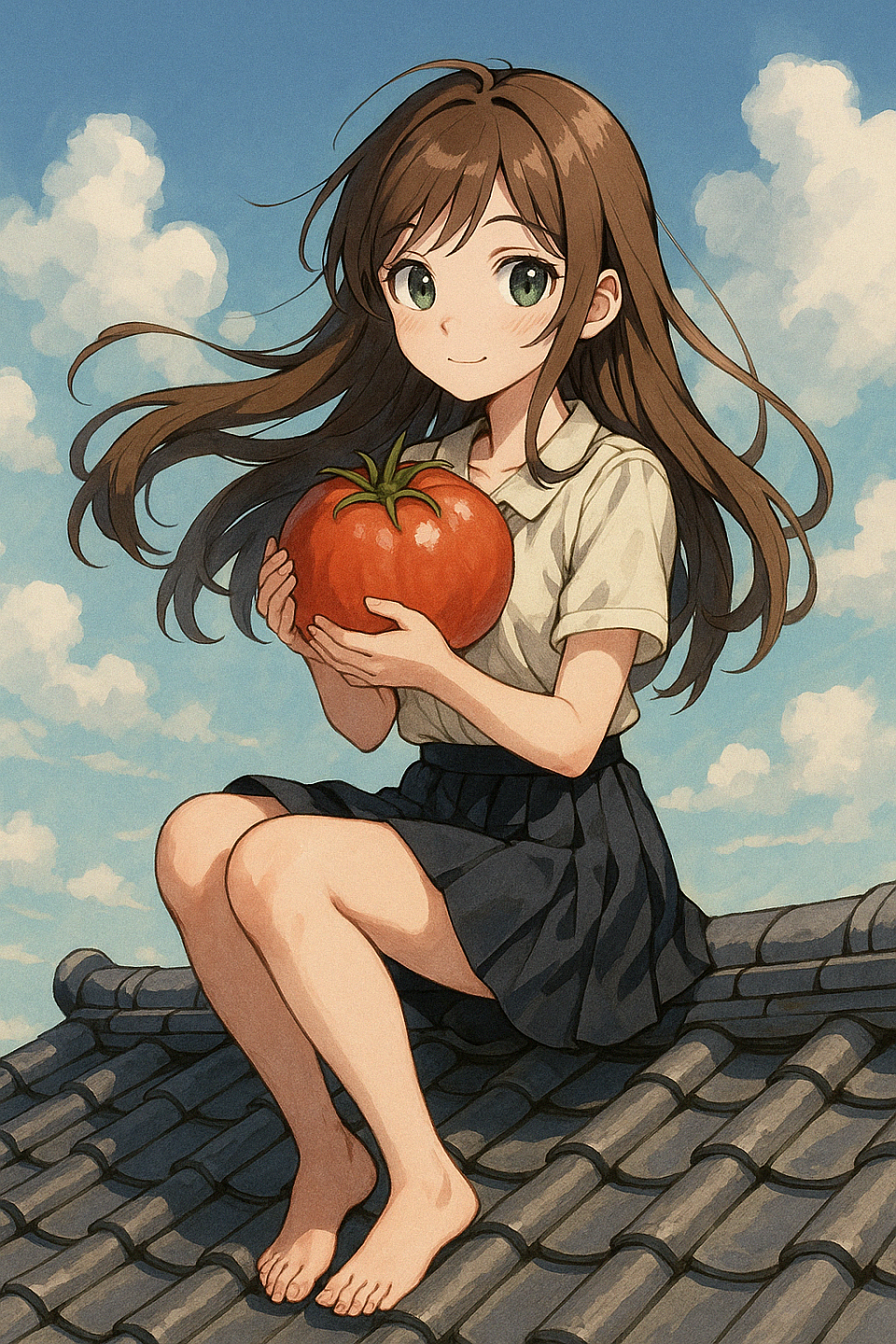 “She climbed to the rooftop with one mission: protect the sacred tomato. The sky cheered her on. #AnimeArt #TomatoGuardian #SkyHighDreams”