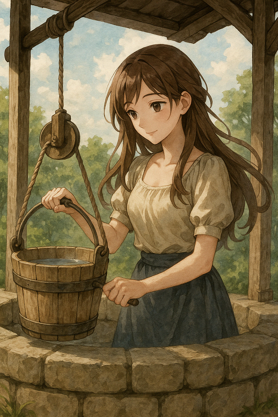 “In a quiet village morning, she draws water from the well—each drop a reflection of timeless grace. #AnimeArt #PeacefulMoments #CountrysideCharm”