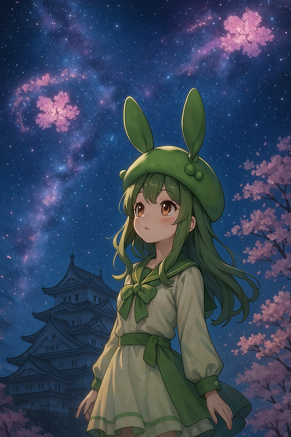 Beneath the cosmic cherry blossoms, she dreams of galaxies yet unseen. A journey begins at Himeji Castle — with an edamame bunny hat and stardust in her eyes.  #EdamameBunnyGirl #HimejiCastle #CherryBlossomGalaxy #AnimeArt #KawaiiInSpace #OC #FantasyArt #StarlitDreams
