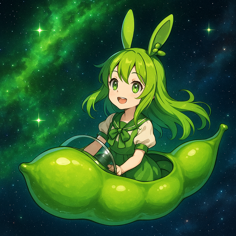 Blasting through the Edamame Nebula in her pod-shaped ship, she pilots the stars with joy in her eyes and stardust in her wake.  #EdamameBunnyGirl #SpaceAdventure #AnimeInSpace #OriginalCharacter #KawaiiSciFi #EdamameNebula #CosmicJourney #GreenGalaxy