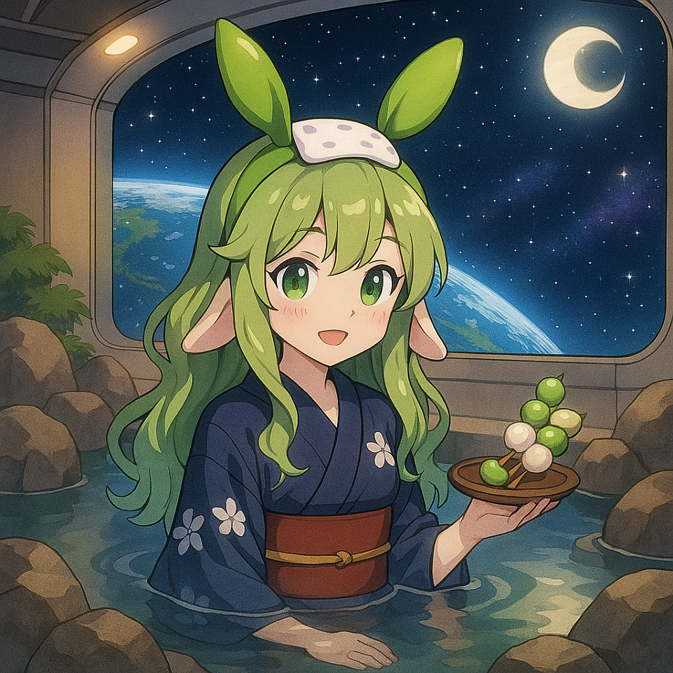 A peaceful soak in a space hot spring, dango in hand, moonlight in her eyes. Even among the stars, she finds comfort in tradition.  #EdamameBunnyGirl #SpaceOnsen #YukataInSpace #AnimeArt #KawaiiVibes #MoonlitDreams #OriginalCharacter #DangoAndStars