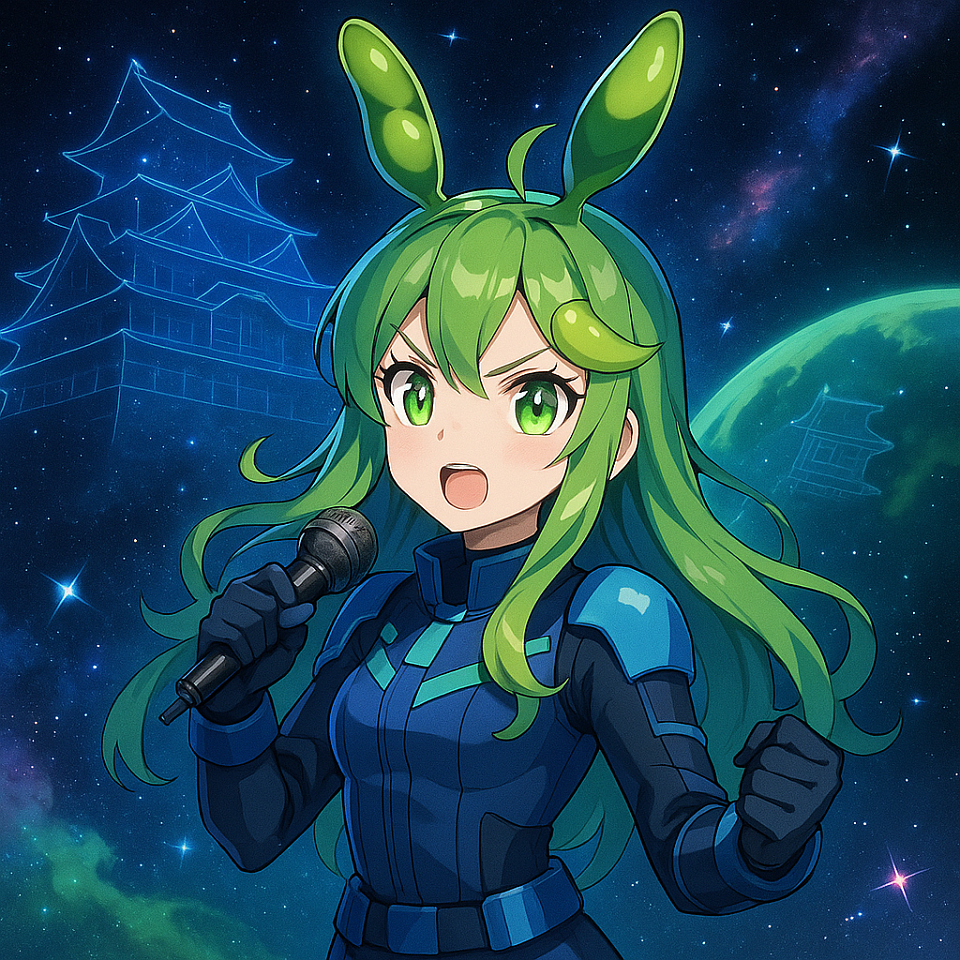 “This galaxy needs a voice… and I’m ready to sing it loud!” With her mic in hand and the hologram of Himeji Castle glowing behind her, she becomes the voice of a new cosmic rebellion. #EdamameBunnyGirl #SpaceIdol #SciFiSinging #HimejiInSpace #AnimeArt #CosmicVoice #OriginalCharacter #GalacticStage