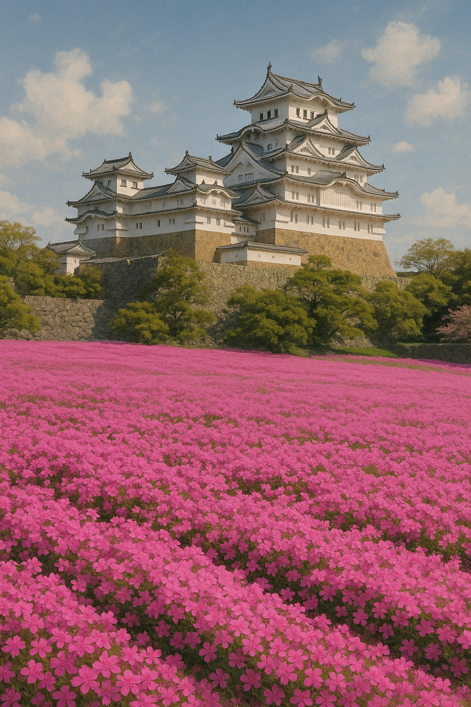 “Blanketed in pink, Himeji Castle stands proud—where history meets a sea of spring. #HimejiCastle #Shibazakura #SpringInJapan”