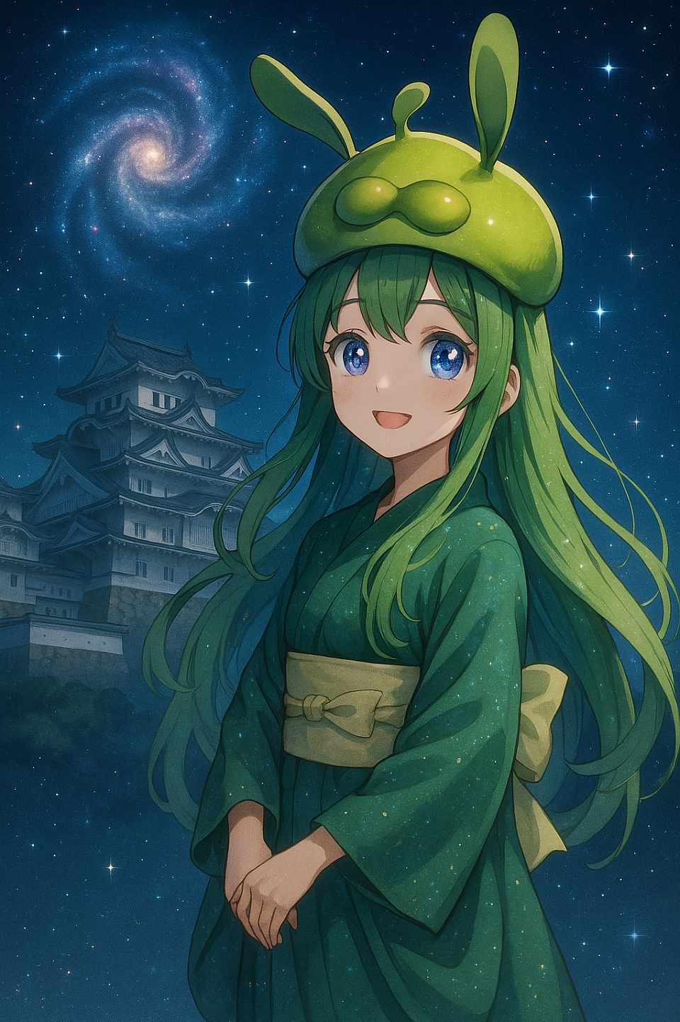 Stardust in her hair, galaxies in her eyes. From Himeji to the stars, she carries the light of dreams and tradition. #EdamameBunnyGirl #CosmicKimono #HimejiCastle #StarlitTradition #AnimeArt #GalaxyEyes #OriginalCharacter #FantasyInSpace
