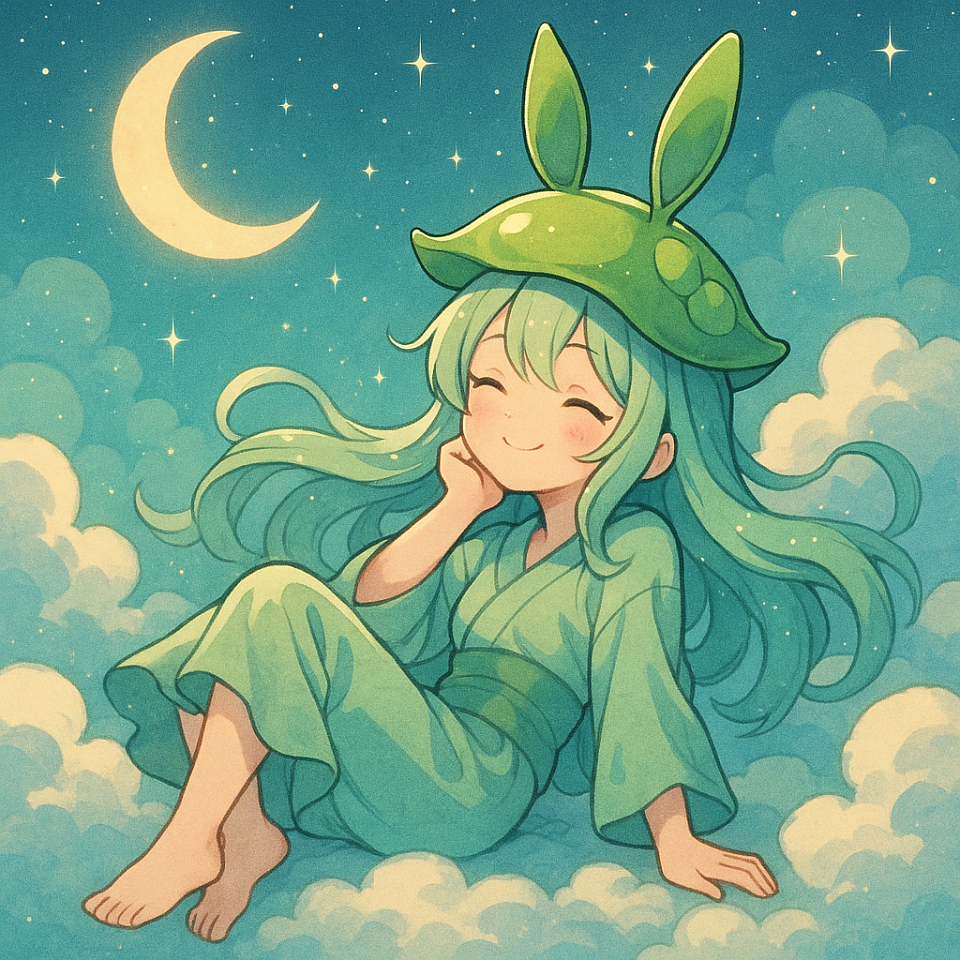Dreaming among the clouds, with a crescent moon as her lullaby. Edamame bunny girl floats where the sky feels like home.  #EdamameBunnyGirl #Dreamscape #KawaiiInTheClouds #AnimeArt #FantasySky #CrescentMoonMagic #OriginalCharacter #PeacefulVibes