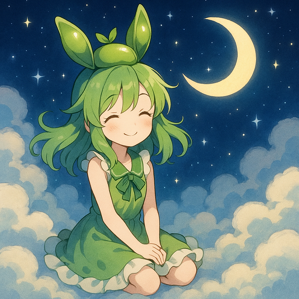 Sitting among the clouds, she smiles with the moon as her silent companion. A gentle night where dreams bloom in the sky. #EdamameBunnyGirl #DreamySky #MoonlightSmile #AnimeArt #CloudyDreamscape #FantasyNight #OriginalCharacter #KawaiiVibes