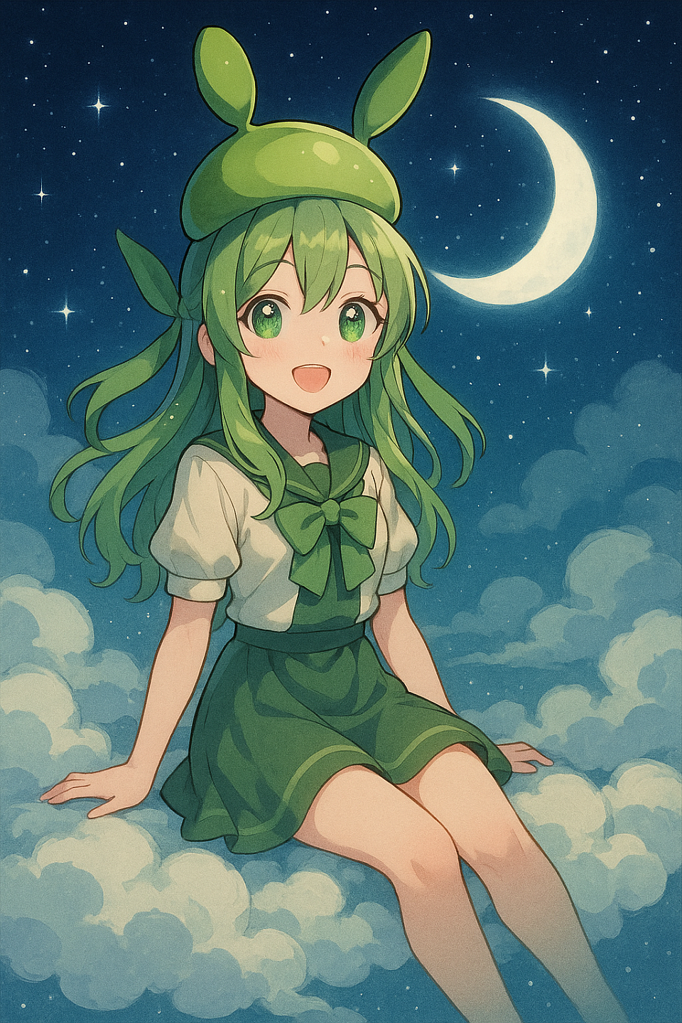 Beneath the crescent moon, she dreams atop the clouds, where every breeze carries a new wish into the stars. #EdamameBunnyGirl #CloudDreams #MoonlitWishes #AnimeArt #KawaiiInTheSky #FantasyNight #OriginalCharacter #StarlitDreams