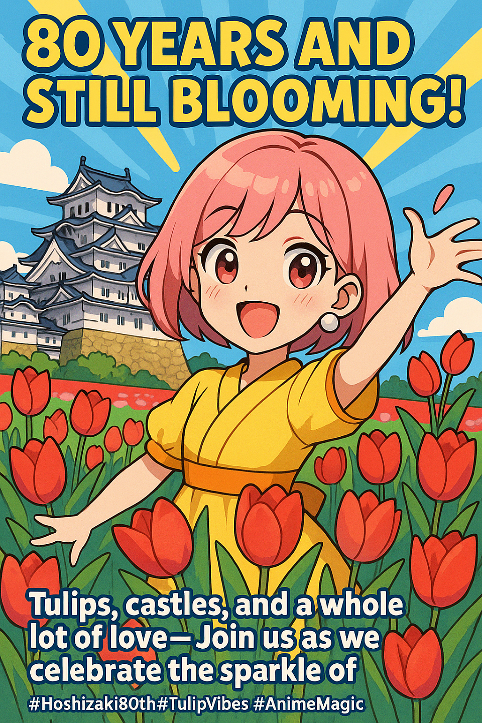 80 years and still blooming! Tulips, castles, and a whole lot of love — Join us as we celebrate the sparkle of Hoshizaki! #Hoshizaki80th #TulipVibes #AnimeMagic #CutestCelebration