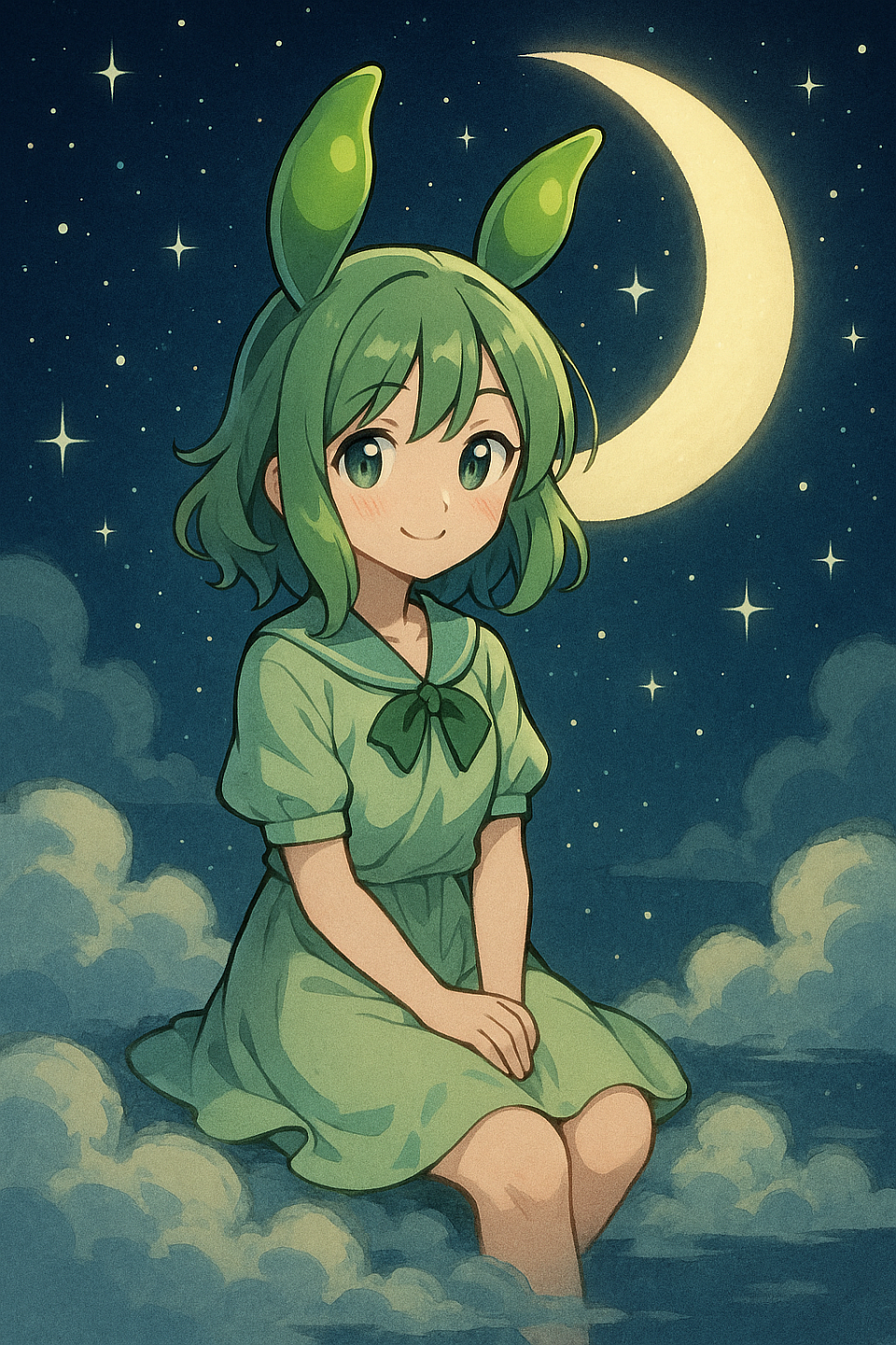 Beneath the crescent moon, she waits quietly—soft as a cloud, bright as a dream. The night listens when hearts speak gently. #EdamameBunnyGirl #CrescentMoonMagic #AnimeArt #CloudyWhispers #KawaiiInTheStars #FantasyVibes #OriginalCharacter #StarrySerenity