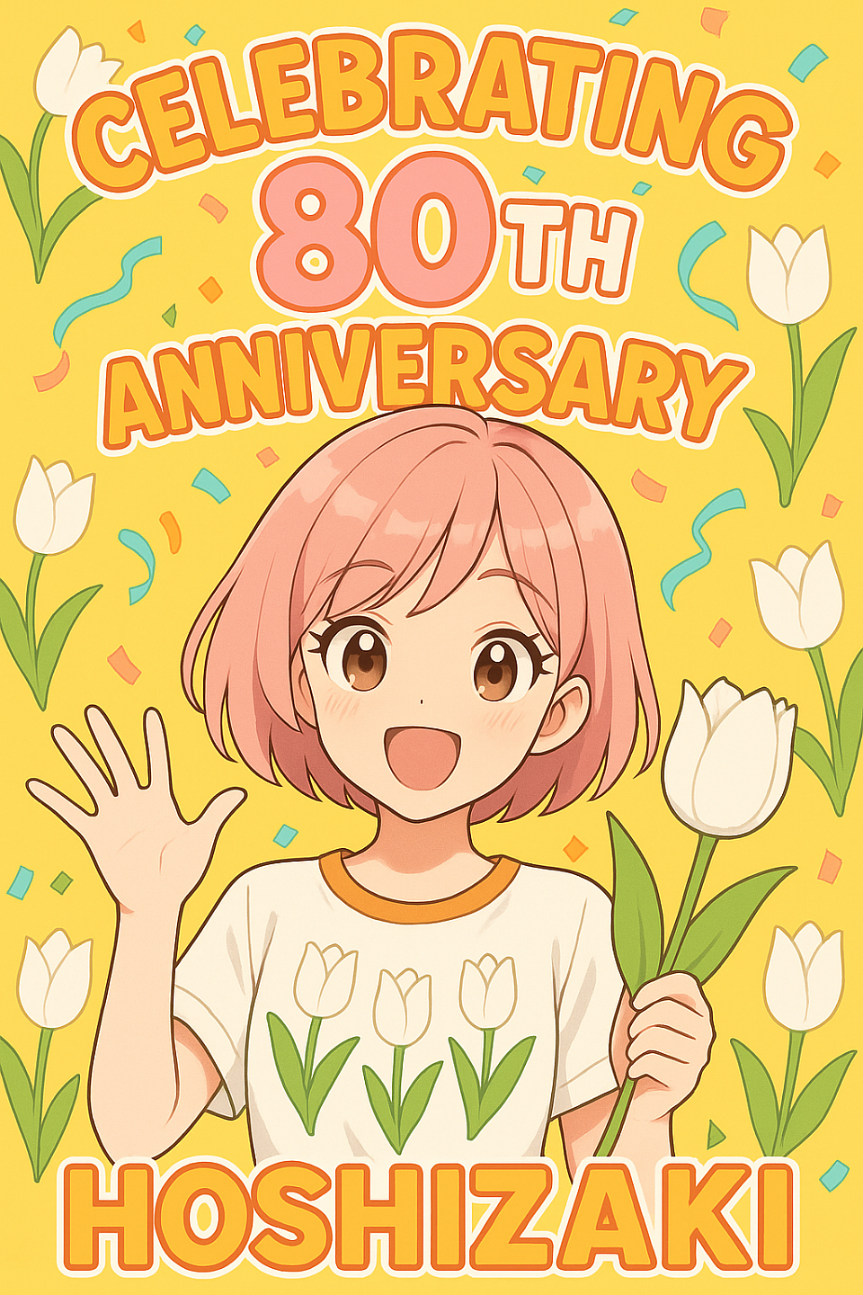 Bright, bold, and blooming in white! This special poster celebrates the 80th Anniversary of Hoshizaki with a burst of joy and purity. Surrounded by crisp white tulips and confetti, our heroine shares her excitement in a tee full of floral charm. Let’s keep growing, smiling, and dreaming together! #Hoshizaki80th #WhiteTulips #AnimeCelebration #BrightFuture