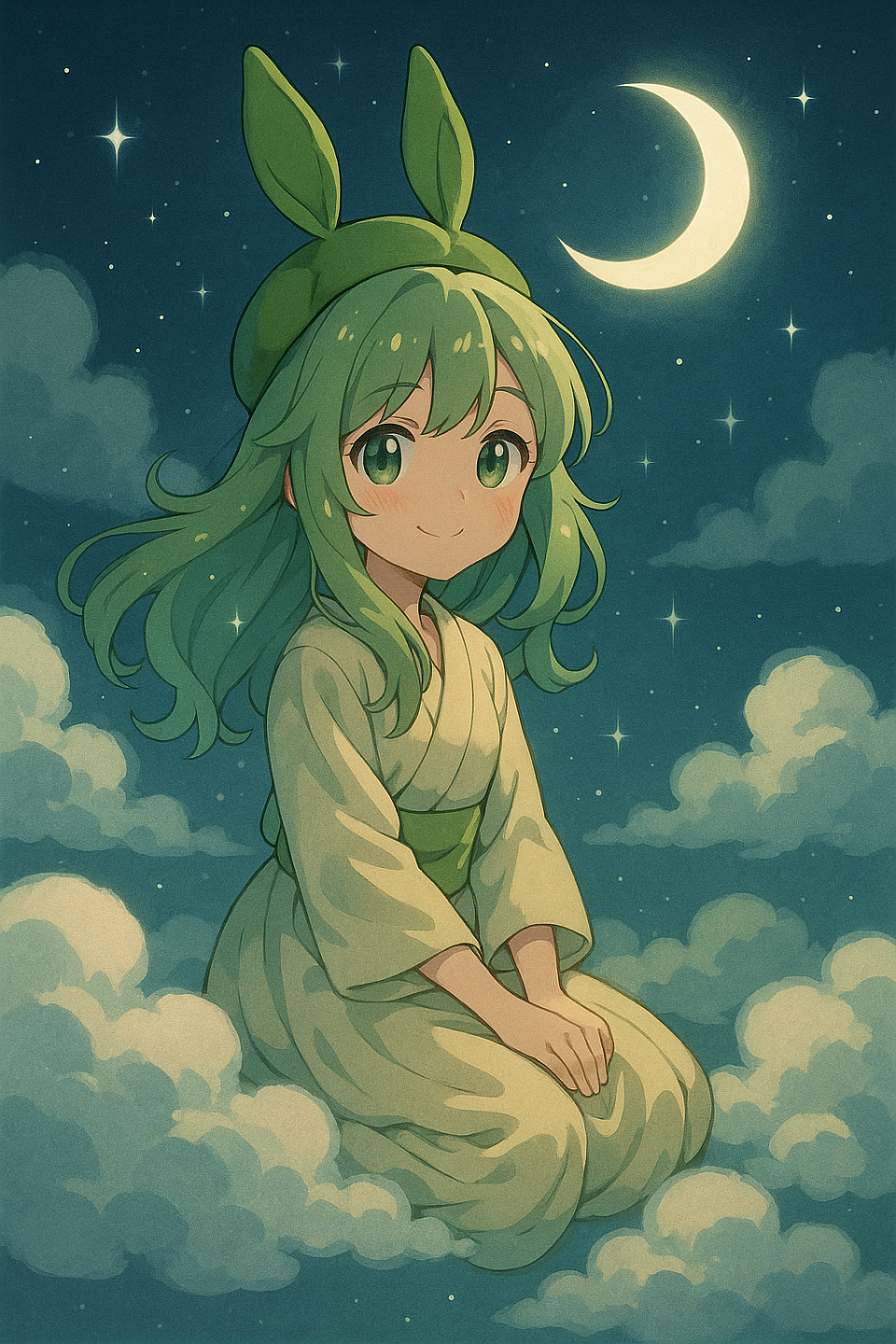 Artwork Description (English) Bathed in moonlight and cradled by clouds, the Edamame Bunny Girl gazes softly into the star-filled sky. Her gentle smile and flowing green hair sparkle with the quiet magic of the night. The creamy tones of her outfit and the tranquil blues of the heavens blend to create a dreamlike harmony, inviting viewers to pause, breathe, and drift into a peaceful wonder.