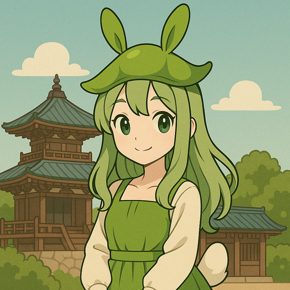 A cute anime-style girl with green hair, wearing an edamame-shaped bunny hat, stands in front of a traditional Japanese temple. The scene is peaceful, with soft colors and a calm atmosphere.