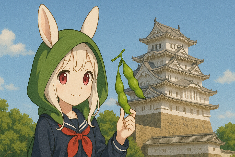 A charming anime-style illustration featuring a cute rabbit girl standing in front of the iconic Himeji Castle. She wears a traditional Japanese sailor uniform with a green hood that has bunny ears, and she holds a bunch of edamame beans in her hand. Her soft blonde hair and gentle red eyes give her a warm and approachable appearance. The clear blue sky and the majestic architecture of Himeji Castle create a peaceful and culturally rich background, making the scene both adorable and distinctly Japanese.