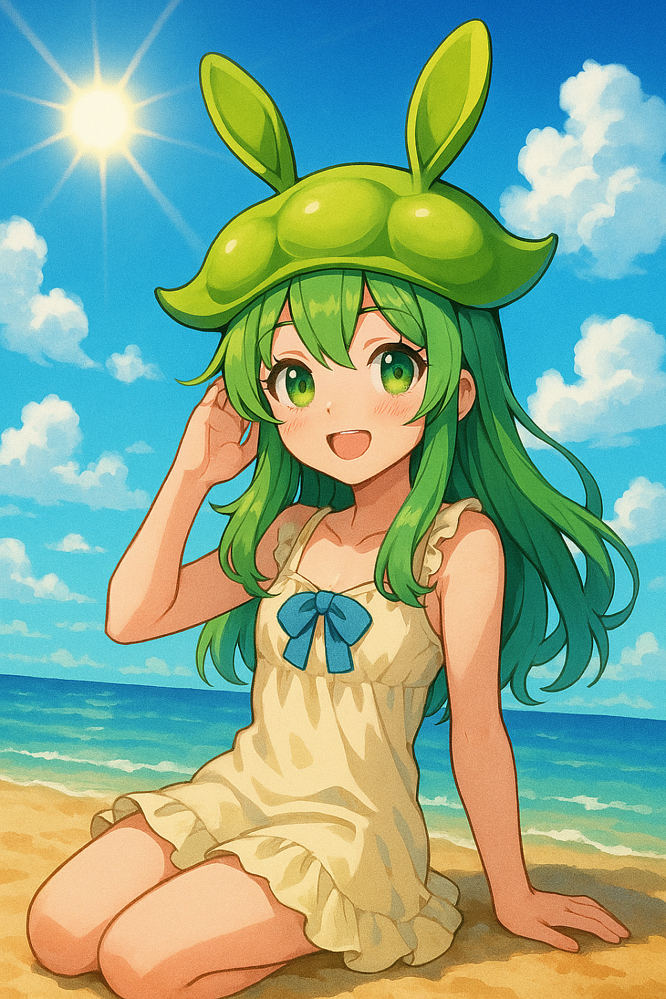 Under the bright summer sun, the Edamame Bunny Girl enjoys a peaceful day at the beach. With waves softly rolling in behind her and a playful breeze tugging at her hair, she smiles in a sun-kissed moment of joy. Her pale sundress, accented with a sky-blue ribbon, and signature edamame hat add a whimsical charm to the warm seaside scene. A perfect blend of summer freedom and gentle innocence.