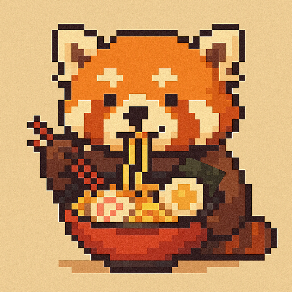 Illustration of a red panda eating ramen.