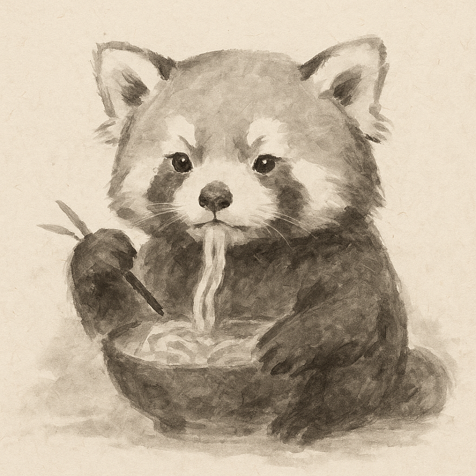 A red panda illustration in ink painting style.